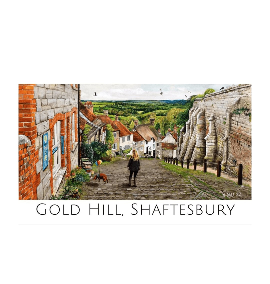 Image of a Large Art Print (A3 size) featuring a copy of the painting 'Ye Olde Technology Shop' by Nick Dale, with the words 'Gold Hill, Shaftesbury' written beneath it. The print depicts the view down Gold Hill in Shaftesbury, Dorset but in a slightly surreal form as the scene depicts a shop selling helium used to enable dogs to float. The dog is trying to get to a dropped ice-cream cone but is unable to reach as it floats above it.