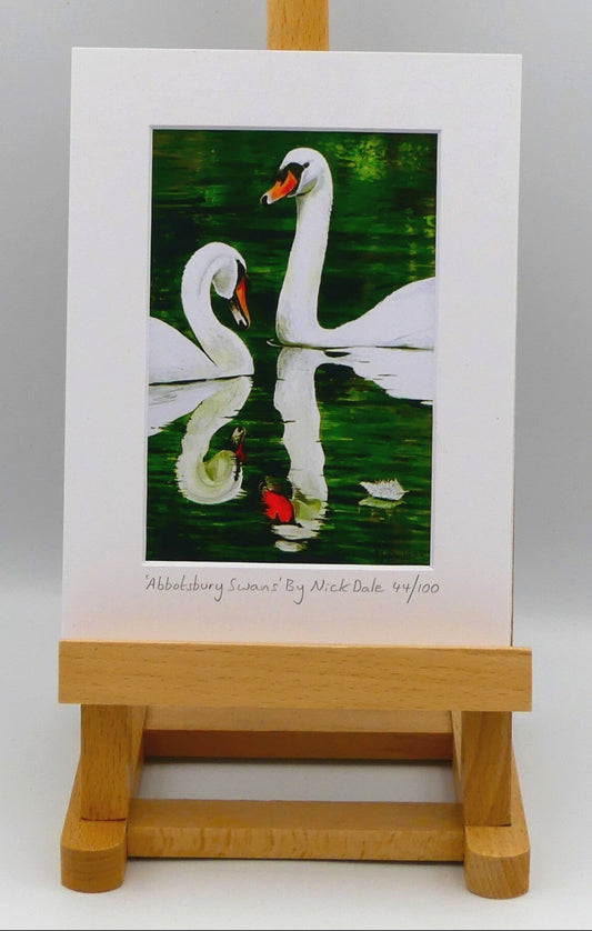 Image of a Small Art Print featuring a copy of the painting 'Abbotsbury Swans' by Nick Dale. The print depicts  two swans doing the head bobbing stage of a courtship dance at Abbotsbury Swannery in Dorset.  The print is situated on a small easel.