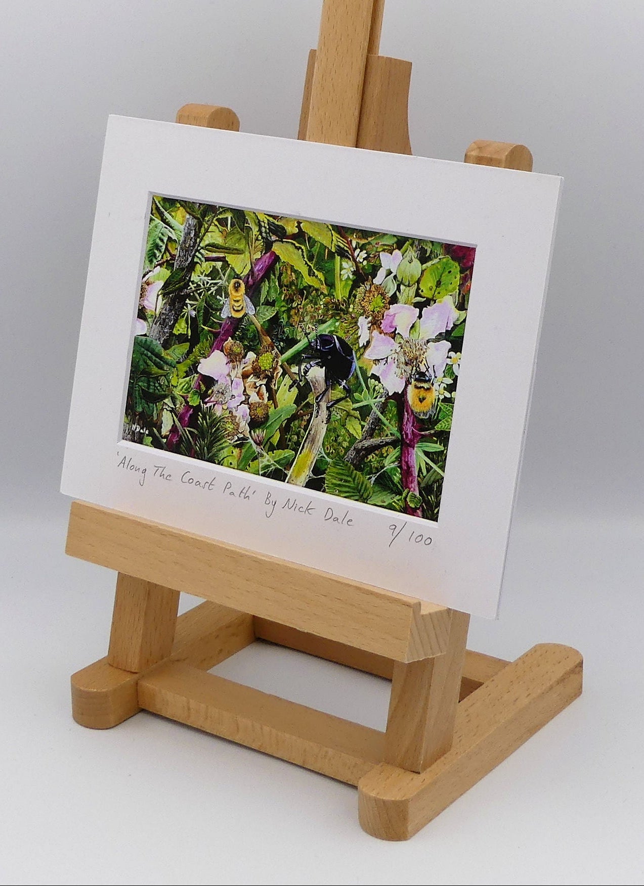 Image of a Small Art Print featuring a copy of the painting 'Along The Coast Path' by Nick Dale. The print depicts a close-up view of a coast path hedgerow on the Dorset/Devon border. A bloody-nosed beetle edges its way along a plant stem whilst bees attend the bramble flowers. The print is situated on a small easel.