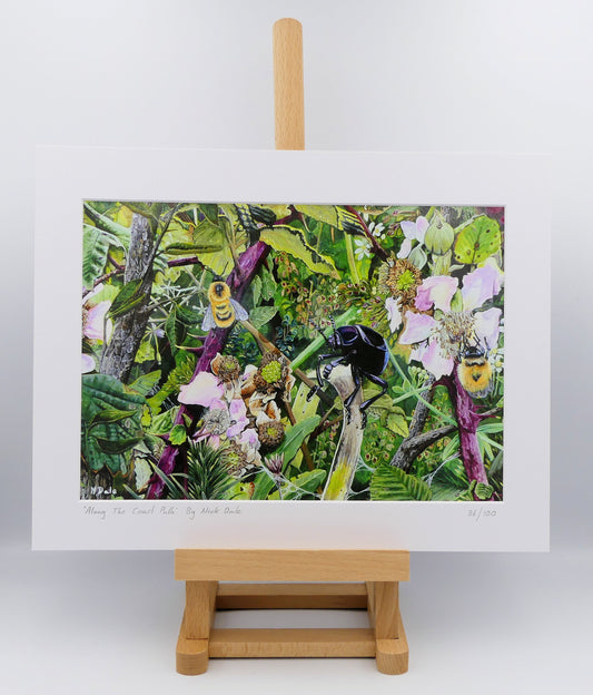 Image of a Medium Art Print featuring a copy of the painting 'Along The Coast Path' by Nick Dale. The print depicts a close-up view of a coast path hedgerow on the Dorset/Devon border. A bloody-nosed beetle edges its way along a plant stem whilst bees attend the bramble flowers. The print is situated on a small easel.