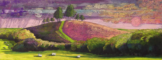 Image of the original painting 'Colmer's Hill Evening' by Nick Dale. The painting depicts the prominent sandstone conical hill near the village of Symondsbury in West Dorset, with both the setting sun and rising moon depicted above it. The hill is topped with pine trees to commemorate those who died in World War I. 