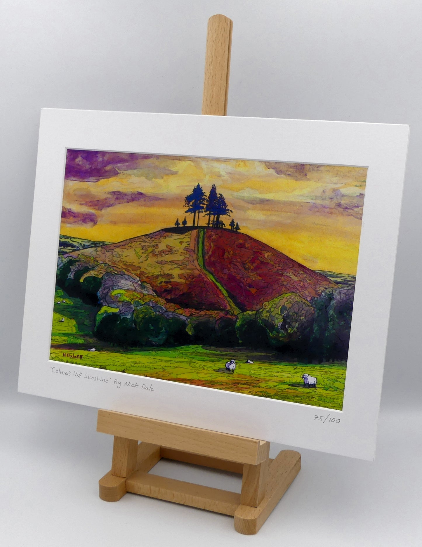Image of a Medium Art Print featuring a copy of the painting 'Colmer's Hill Sunshine' by Nick Dale. The print depicts the prominent sandstone conical hill near the village of Symondsbury in West Dorset. The hill is topped with pine trees to commemorate those who died in World War I. The print is situated on a small easel.
