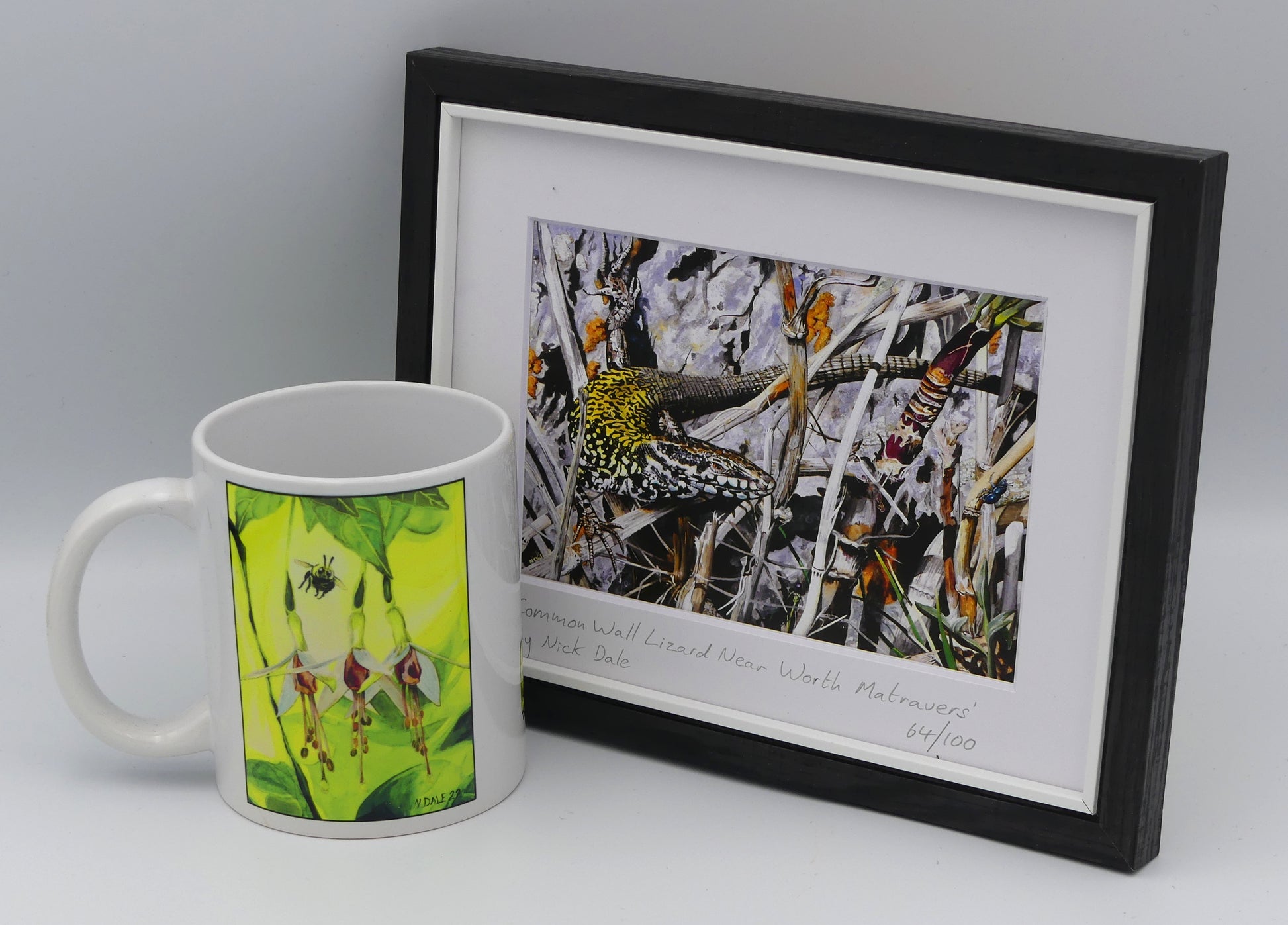 Image of a Small Art Print featuring a copy of the painting 'Common Wall Lizard Near Worth Matravers' by Nick Dale. The print depicts a close up view of a common wall lizard in the clifftop Hedbury Quarry, south of Worth Matravers. Has the lizard clocked the nearby beetle? The print is situated in a black frame next to a mug.