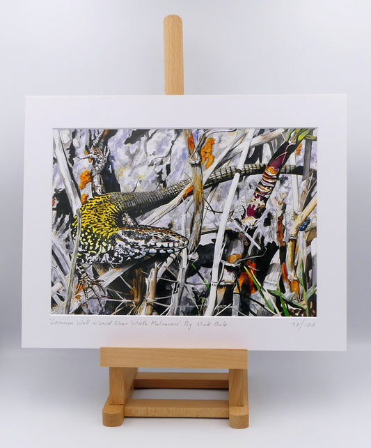 Image of a Medium Art Print featuring a copy of the painting 'Common Wall Lizard Near Worth Matravers' by Nick Dale. The print depicts a close up view of a common wall lizard in the clifftop Hedbury Quarry, south of Worth Matravers. Has the lizard clocked the nearby beetle? The print is situated on a small easel.
