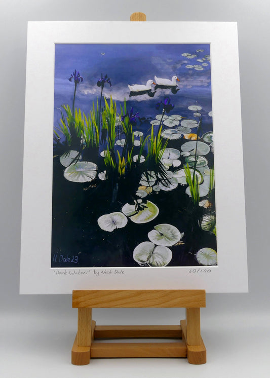 Image of a Medium Art Print featuring a copy of the painting 'Dark Waters' by Nick Dale. The print depicts lily pads, irises and ducks on a pond at Knightshayes Court, Devon. The print is situated on a small easel.