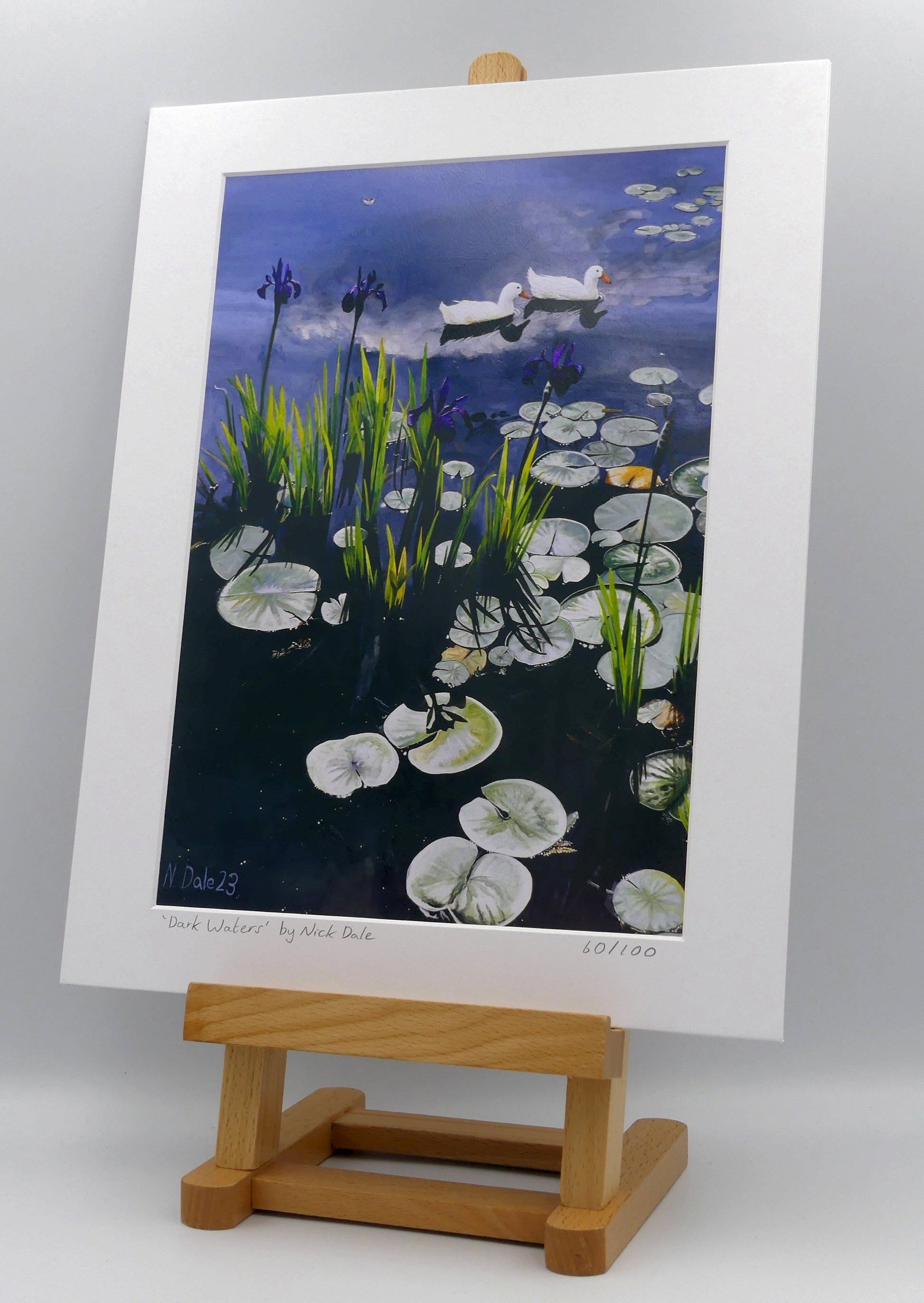 Image of a Medium Art Print featuring a copy of the painting 'Dark Waters' by Nick Dale. The print depicts lily pads, irises and ducks on a pond at Knightshayes Court, Devon. The print is situated on a small easel.
