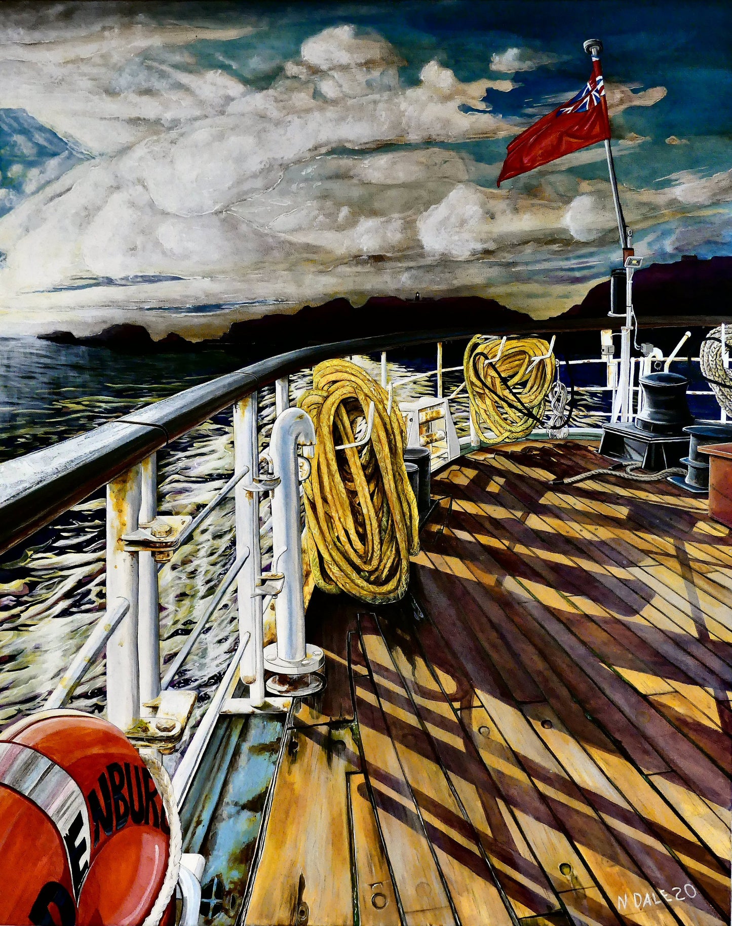 Image of Medium Art Print featuring a copy of the painting 'Diminishing Returns From Lundy' by Nick Dale. The print depicts the stern of the ship MS Oldenburg as it returns to the mainland from Lundy Island, Devon. As the sun goes down it casts long shadows on the deck. whilst the flag flutters in the breeze. The Silhouette of the island can be seen diminishing into the background.