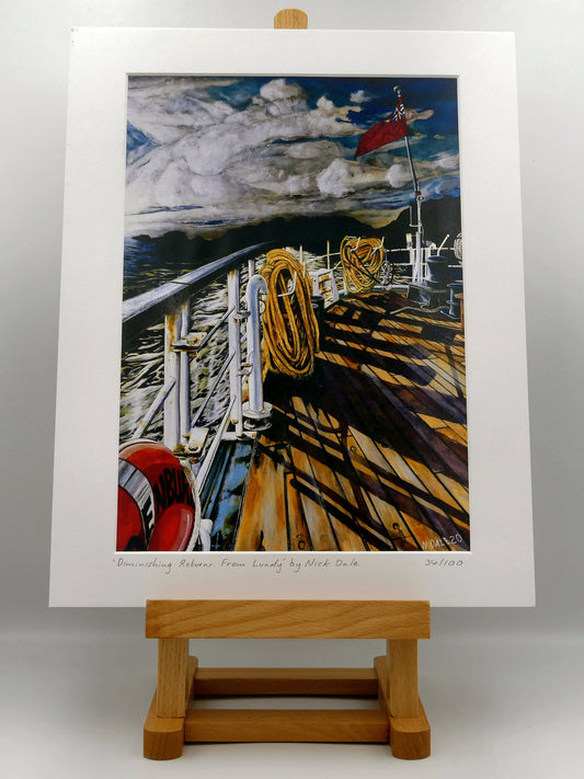 Image of Medium Art Print featuring a copy of the painting 'Diminishing Returns From Lundy' by Nick Dale. The print depicts the stern of the ship MS Oldenburg as it returns to the mainland from Lundy Island, Devon. As the sun goes down it casts long shadows on the deck. whilst the flag flutters in the breeze. The Silhouette of the island can be seen diminishing into the background. The print is situated on a small easel.