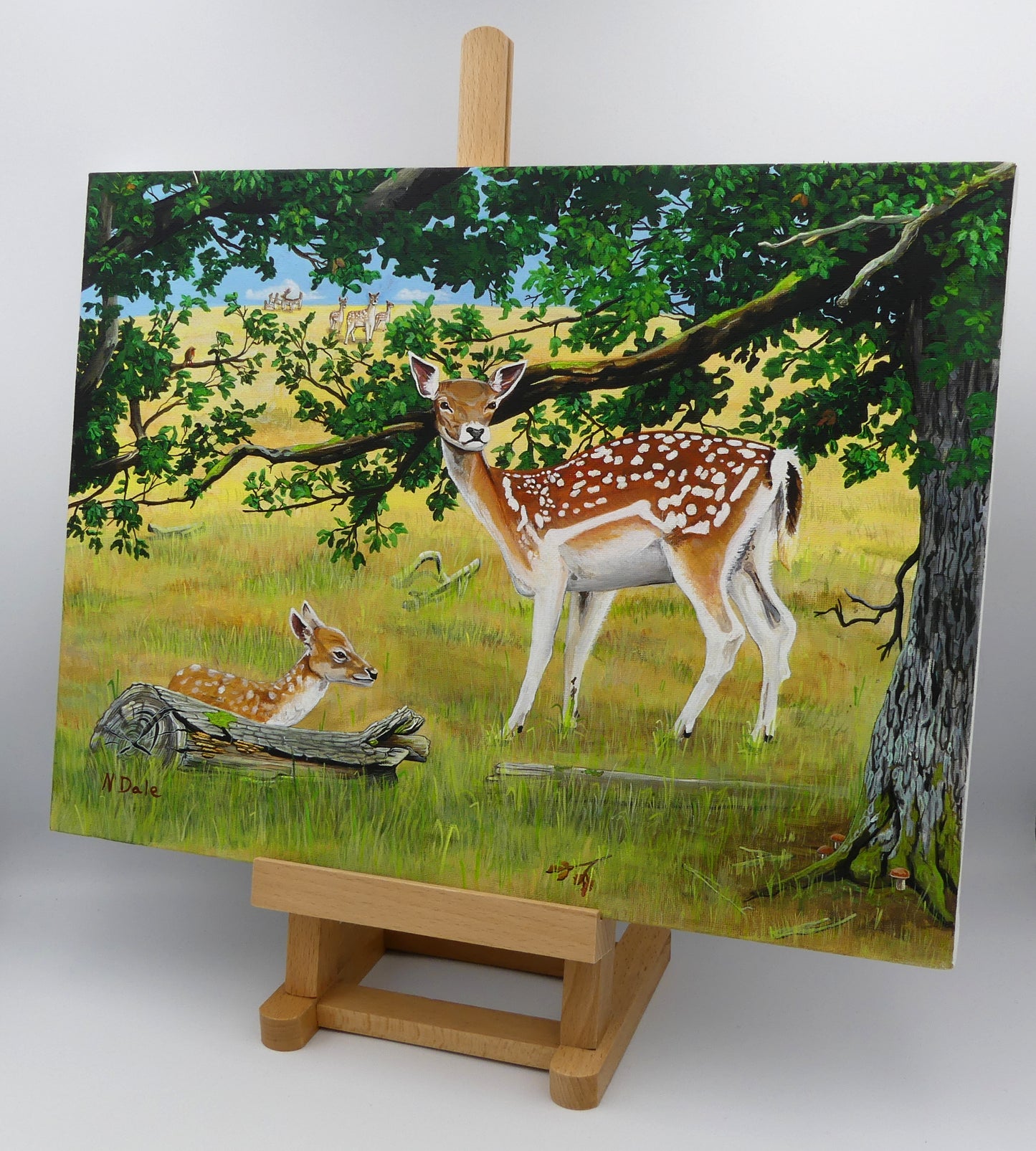 Image of the original painting 'Fallow Deer' by Nick Dale on a small easel. The painting depicts a close up view of a fallow deer doe and its fawn resting under an oak tree. The scene is based on deer observed at the deer park at the Stock Gaylard estate.
