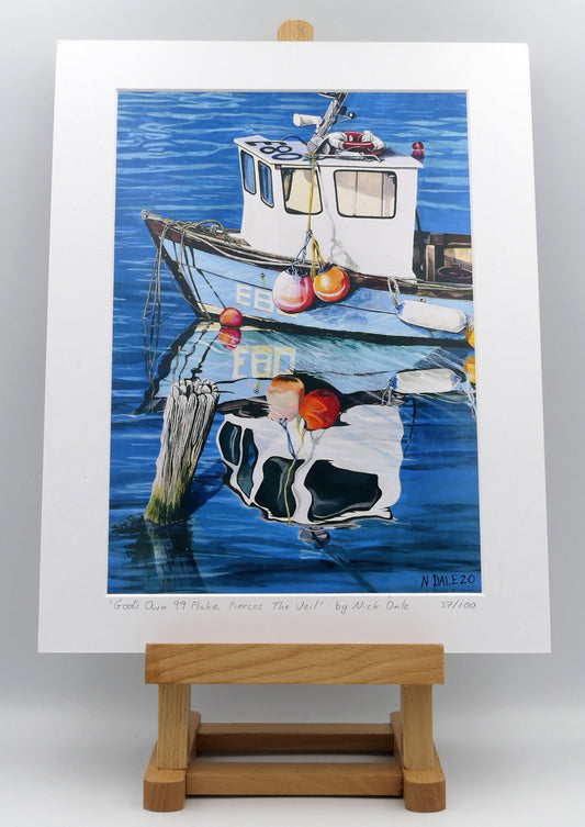 Image of a Medium Art Print featuring a copy of the painting 'God's Own 99 Flake Pierces The Veil' by Nick Dale. The print depicts a fishing boat at rest within the harbour of Lyme Regis, Dorset. The title is based on the similarity of the wooden pile to a chocolate flake as inserted into an ice cream cone. This seemed appropriate given the draw of the town to tourists. The print is situated on a small easel.