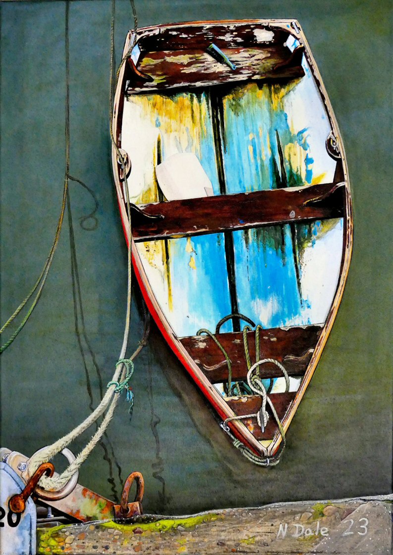 Image of a Medium Art Print featuring a copy of the painting 'Good Intentions at Lyme Regis' by Nick Dale. The print depicts a small wooden rowing boat tied up in Lyme Regis harbour, Dorset.