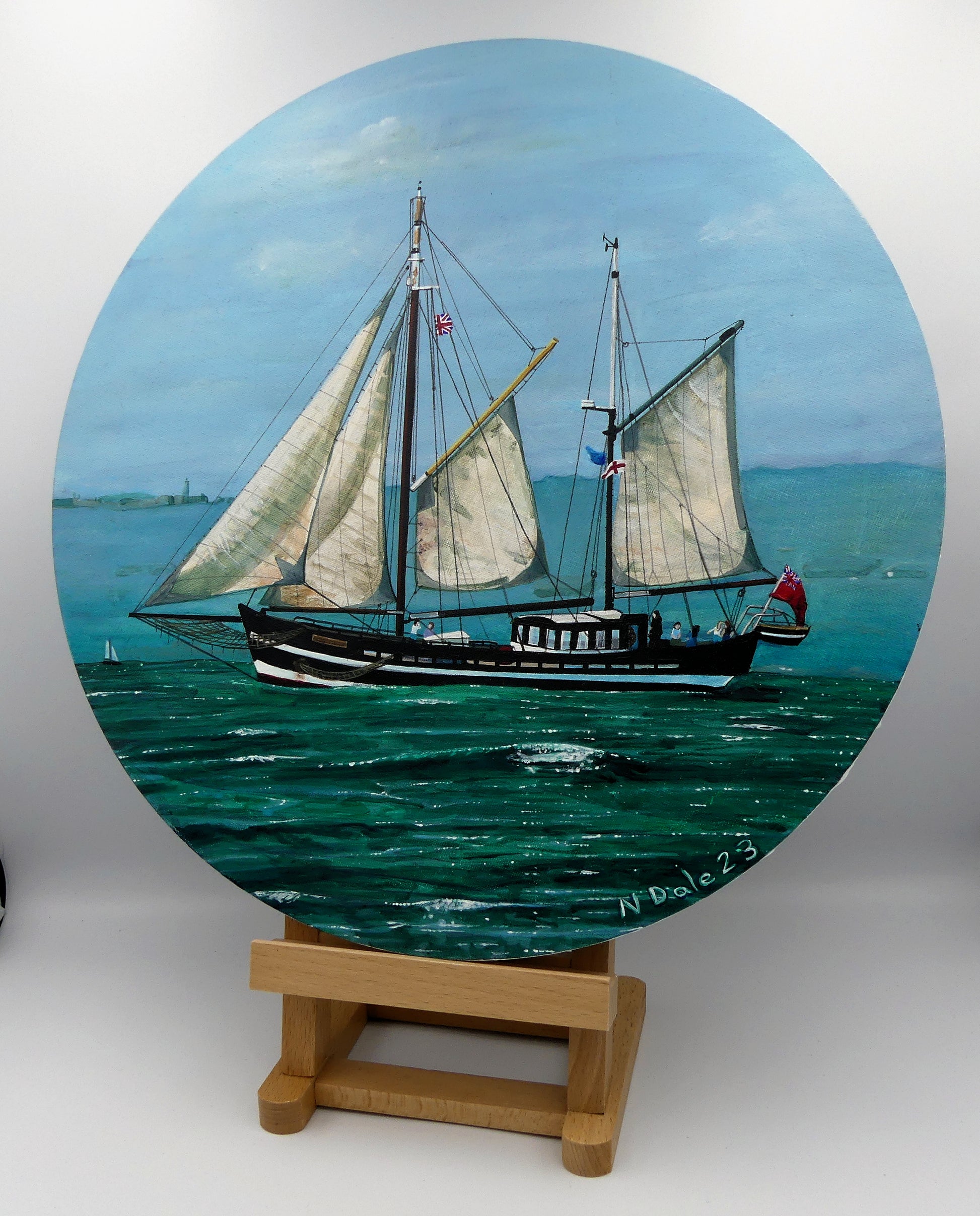 Image of the original painting 'Moonfleet Sailing Past Portland' by Nick Dale. The painting depicts the tall ship Moonfleet sailing past the western coast of Portland, Dorset. As observed from Ringstead Beach.