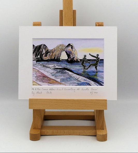 Image of a Small Art Print featuring a copy of the painting 'Mr & Mrs Cerne Abbas Giant Cavorting At Durdle Door' by Nick Dale. The scene imagines the future Mr & Mrs Cerne Abbas Giant's first date at Durdle Door; where they cavort in the water in front of the famous Dorset landmark. The print is situated on a small easel.