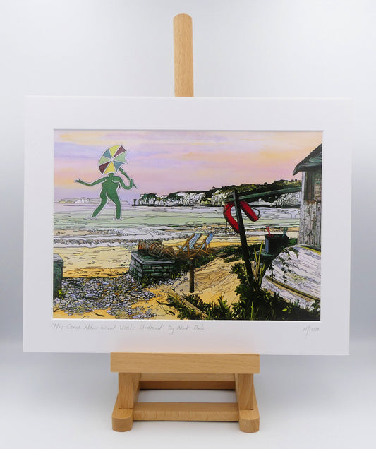Image of a Medium Art Print featuring a copy of the painting 'Mrs Cerne Abbas Giant Visits Studland' by Nick Dale. The print imagines the Cerne Abbas Giant's wife visiting the seaside at Studland Beach; with Old Harry Rocks and the Isle of Wight in the distance. The print is situated on a small easel.