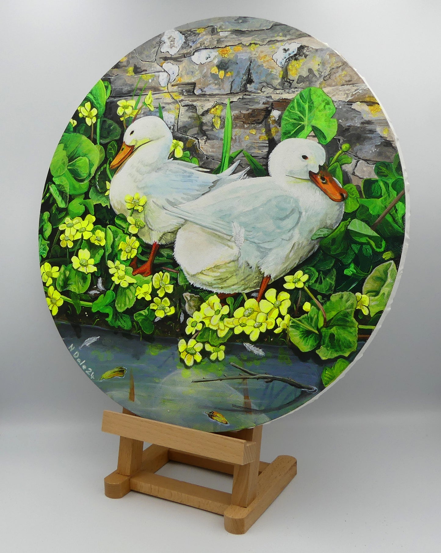 Image of the original painting 'Number Twenty Two At Worth Matravers' by Nick Dale. The painting depicts 2 domestic ducks on the edge of the duck pond at Worth Matravers in Dorset. 'Two Little Ducks' is often used as the call in bingo for the number 22 - hence the title of the painting.