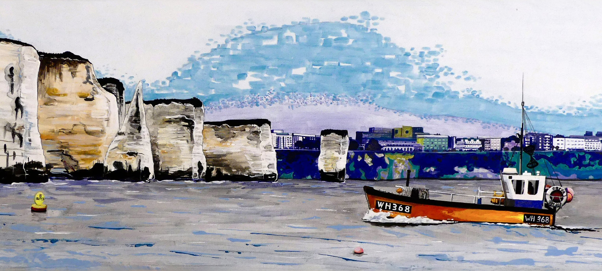 Image of Small Art Print featuring a copy of a detail of the painting 'Old Harry Rocks' by Nick Dale. The print depicts the chalk formations located at Handfast Point, south of Studland Bay; as viewed from Peveril Point, Swanage. Also depicted is a small fishing boat returning to Swanage and the Bournemouth skyline beyond the cliffs. 