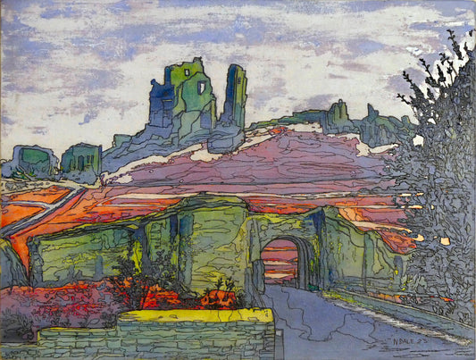 Image of the original painting 'Corfe Castle Outer Gatehouse' by Nick Dale. The painting depicts the slighted outer gatehouse of Corfe Castle in the village of Corfe Castle, Dorset. Beyond it can be seen the castle's south-west gatehouse and keep on top of the central hilltop. 