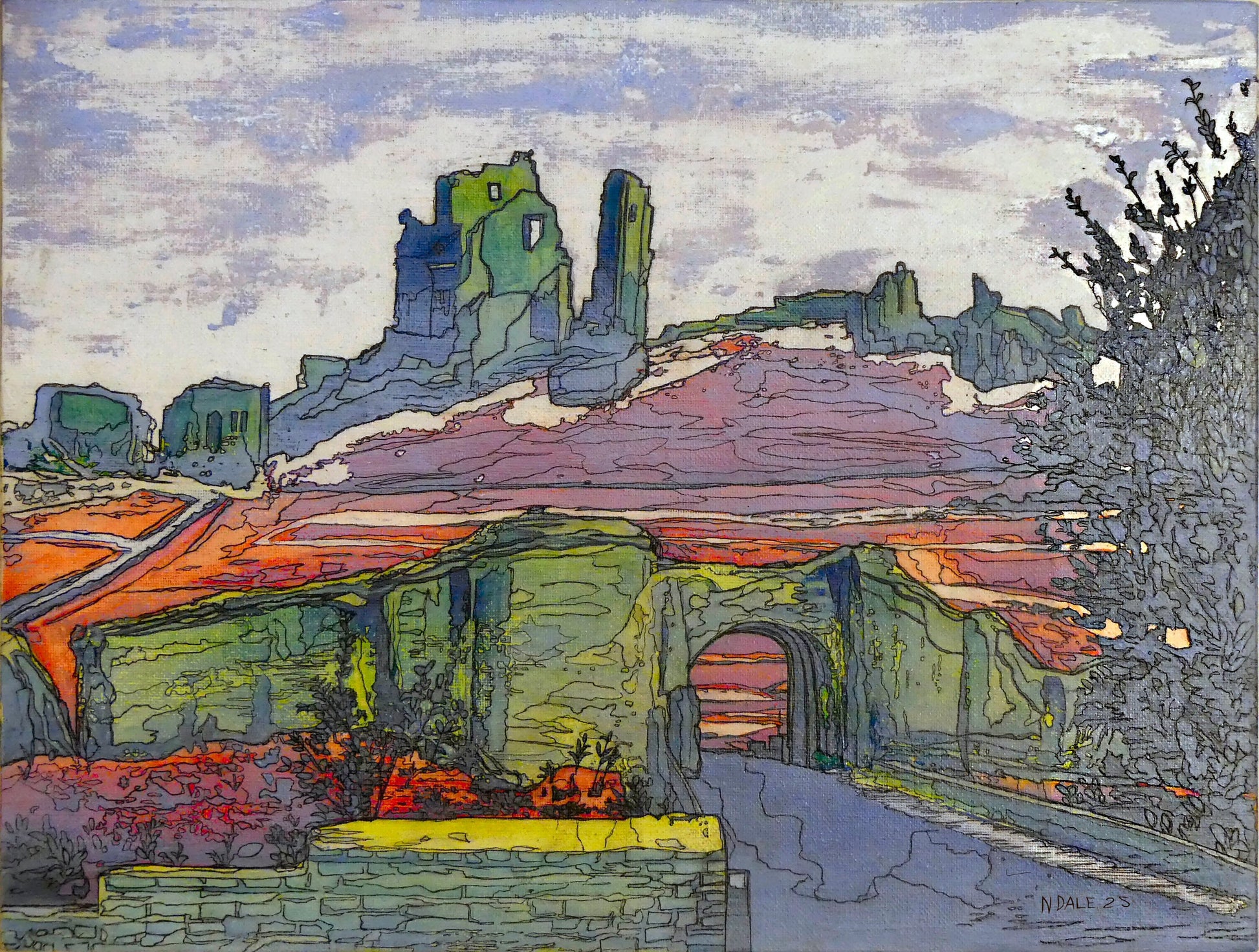 Image of a Medium Art Print featuring a copy of the painting 'Corfe Castle Outer Gatehouse' by Nick Dale. The print depicts the slighted outer gatehouse of Corfe Castle in the village of Corfe Castle, Dorset. Beyond it can be seen the castle's south-west gatehouse and keep on top of the central hilltop. 