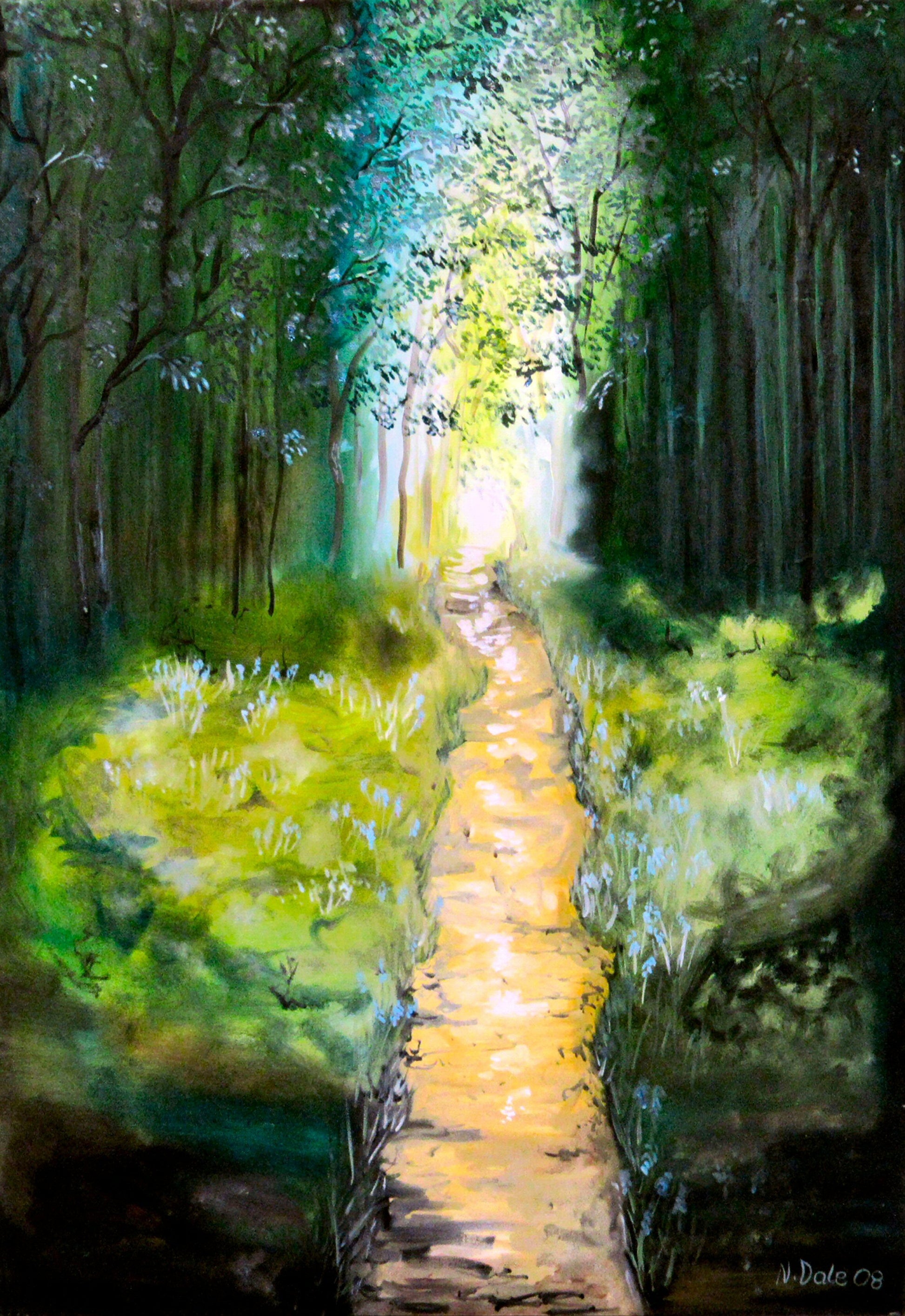 Image of the original painting 'The Light of the World' by Nick Dale. The painting depicts a woodland path at Westonbirt Arboretum near the town of Tetbury in Gloucestershire illuminated by the sunlight streaming through the trees.
