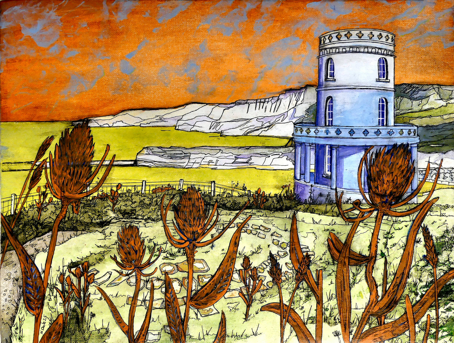Image of a Small Art Print featuring a copy of the painting 'Clavell Tower, Kimmeridge Bay' by Nick Dale. The scene depicts Clavell Tower (which is also known as the Clavell Folly or the Kimmeridge Tower) situated on the cliffs overlooking Kimmeridge Bay on the Isle of Purbeck, Dorset. The tower; which was built in 1830, is seen in its current position with the original footings visible in the foreground after the tower was moved further back from the cliff in 2006. 