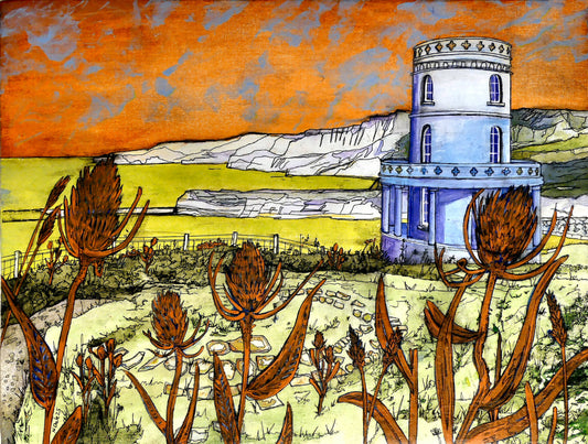 Image of the original painting 'Clavell Tower, Kimmeridge Bay' by Nick Dale. The painting depicts Clavell Tower (which is also known as the Clavell Folly or the Kimmeridge Tower) situated on the cliffs overlooking Kimmeridge Bay on the Isle of Purbeck, Dorset. 
The tower; which was built in 1830, is seen in its current position with the original footings visible in the foreground after the tower was moved further back from the cliff edge in 2006. 