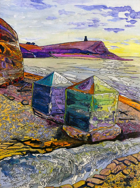 Image of the original painting 'Dragon's Teeth, Kimmeridge' by Nick Dale. The scene depicts two surviving dragon's teeth anti-tank defences on the beach at Kimmeridge Bay, Dorset. Beyond them can be seen Clavell Tower on the cliff top. 
The Gaulter Gap forms a relatively easy route off the beach to the cliffs above for any invading force so it was blocked with dragon's teeth and a concrete pillbox during World War II.