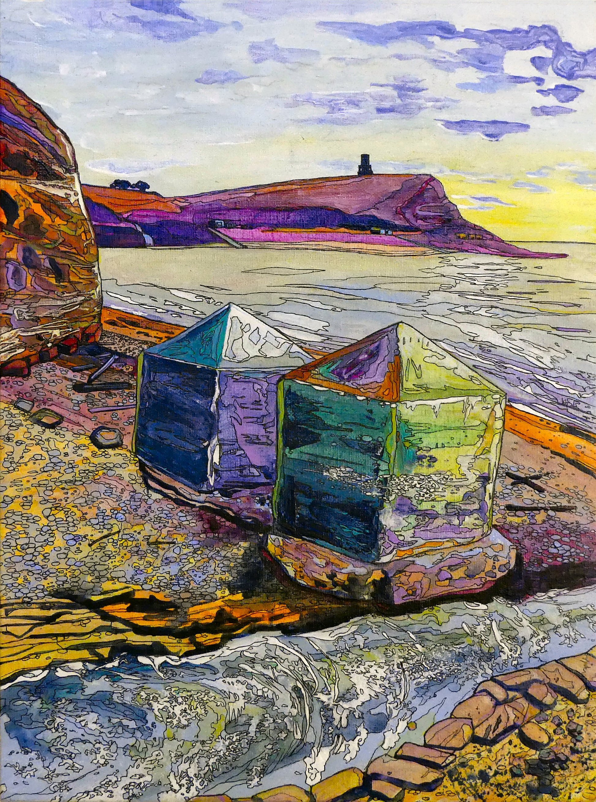 Image of a Small Art Print featuring a copy of the painting 'Dragon's Teeth, Kimmeridge' by Nick Dale. The scene depicts two surviving dragon's teeth anti-tank defences on the beach at Kimmeridge Bay, Dorset. Beyond them can be seen Clavell Tower on the cliff top. The Gaulter Gap forms a relatively easy route off the beach to the cliffs above for any invading force so it was blocked with dragon's teeth and a concrete pillbox during World War II.