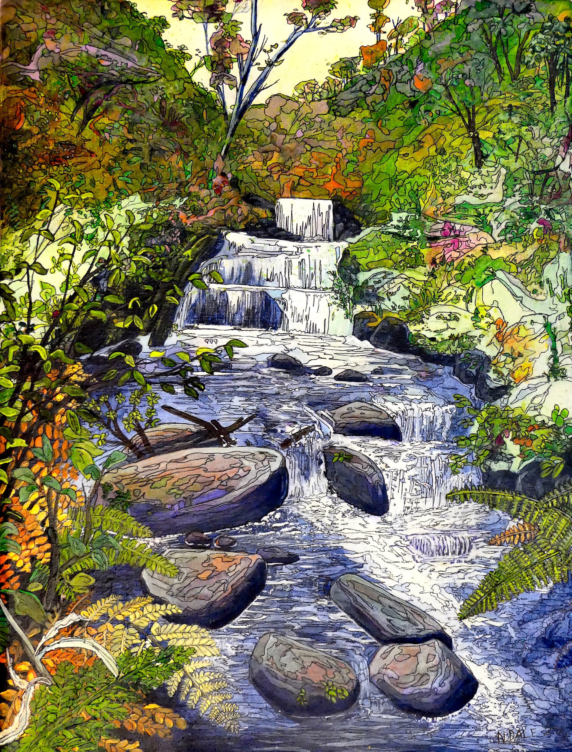 Image of a Small Art Print featuring a copy of the painting 'Waterfall' by Nick Dale. The scene depicts the Hoar Oak Waterfall on the Hoar Oak Water moorland tributary of the East Lyn River at the famous National Trust site of Watersmeet House, Lynmouth, Devon.
