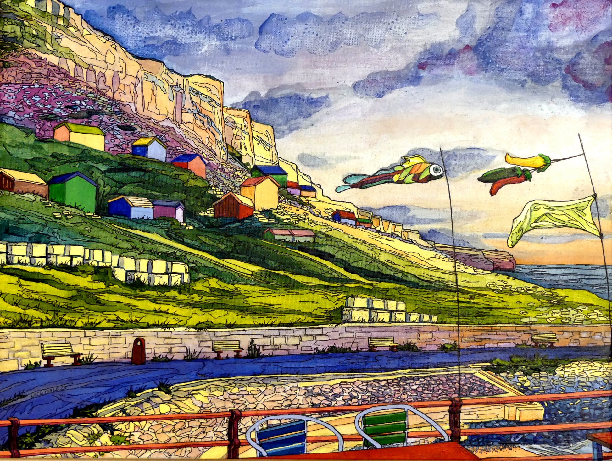 Image of a Small Art Print featuring a copy of the painting 'Where Chesil Beach Meets Portland' by Nick Dale. The print depicts the point where Chesil Beach meets the Isle of Portland, Dorset. In the foreground are the chairs and decorative flags of Quiddles Café Beach Bar. On the slopes below the cliffs of Portland are the many beach huts which overlook the iconic Chesil Cove.