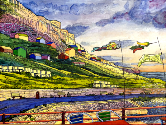 Image of the original painting 'Where Chesil Beach Meets Portland' by Nick Dale. The painting depicts the point where Chesil Beach meets the Isle of Portland, Dorset. In the foreground are the chairs and decorative flags of Quiddles Café Beach Bar. On the slopes below the cliffs of Portland are the many beach huts which overlook the iconic Chesil Cove.  