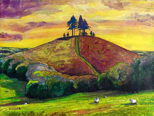 Image of the original painting 'Colmer's Hill Sunshine' by Nick Dale. The painting depicts the prominent sandstone conical hill near the village of Symondsbury in West Dorset. The hill is topped with pine trees to commemorate those who died in World War I. 