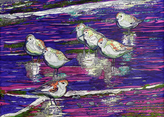 Image of the original painting 'Studland Dunlins' by Nick Dale. The painting depicts a close up view of Dunlins on Studland Beach (Dorset).