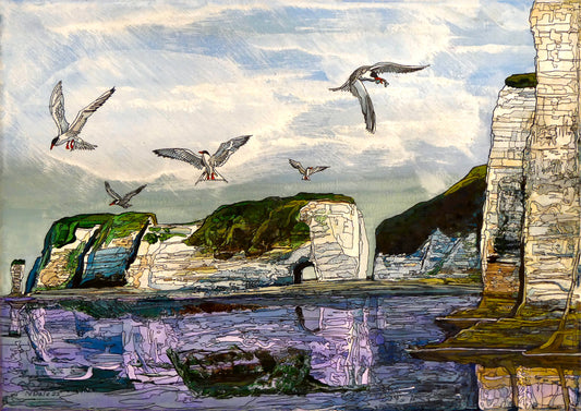 Image of the original painting 'Old Harry Rocks Turns Over' by Nick Dale. The painting depicts the view on a walk in March 2025 when the tide was completely out so I could walk to Old Harry Rocks. I never realised that that was ever possible. I had to add in the water when I painted it afterwards as it was completely missing. Turns also added to taste.