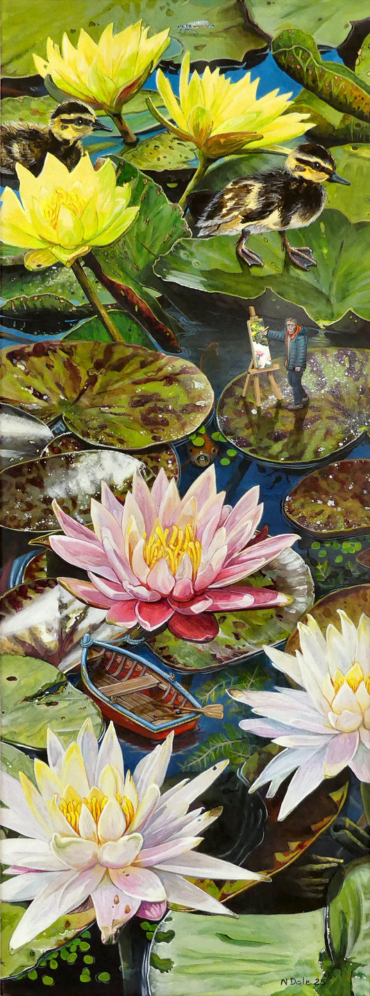 Image of the original painting 'Down Among The Water Lilies' by Nick Dale. The painting depicts a close-up view of the water lilies at Bennetts Water Gardens in Weymouth, with the twist of the artist being included in the depiction as if shrunk down to lilliputian dimensions whilst capturing the scene on canvas.