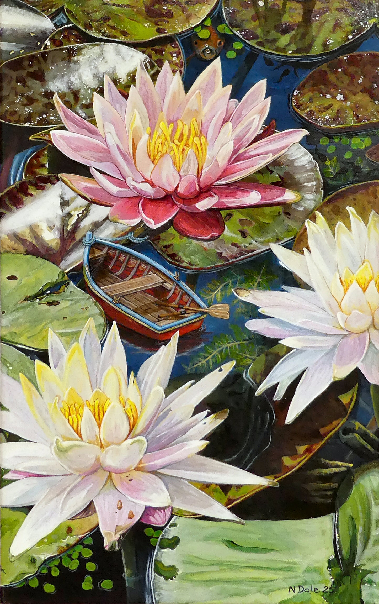 Image of a Medium Art Print featuring a copy of a detail from the painting 'Down Among The Water Lilies' by Nick Dale. The print depicts the part of the original painting showing the rowing boat and a close-up view of the water lilies at Bennetts Water Gardens in Weymouth, with the twist of the boat being shrunk down to lilliputian dimensions.