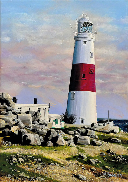 Image of the original painting 'Portland Bill Looking East' by Nick Dale. The painting depicts a view of Portland Bill Lighthouse as seen from the quarry area to the west, looking east.