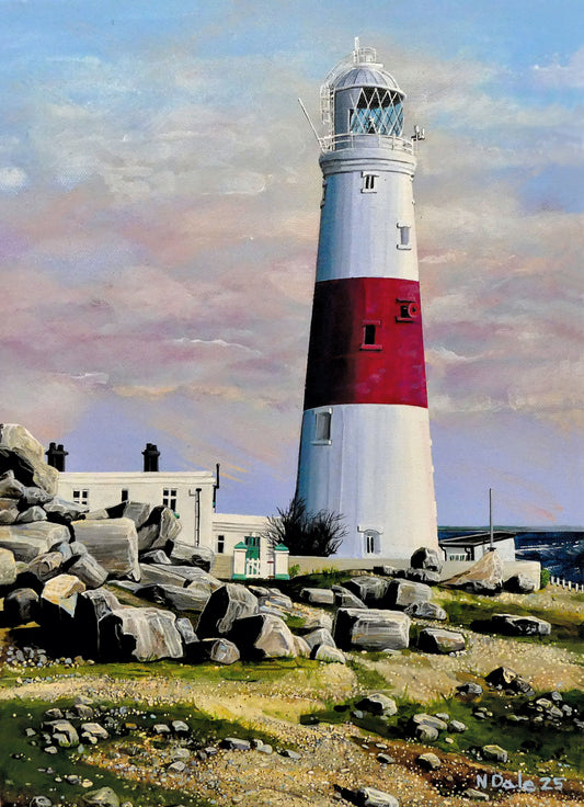 Image of the original painting 'Portland Bill Looking East' by Nick Dale. The painting depicts a view of Portland Bill Lighthouse as seen from the quarry area to the west, looking east.