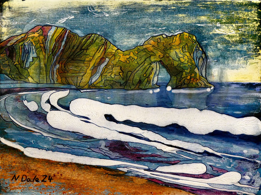Image of the original painting 'Durdle Door Arch (Version 6)' by Nick Dale. The scene depicts the famous Dorset limestone arch landmark ‘Durdle Door’, as seen from the beach.