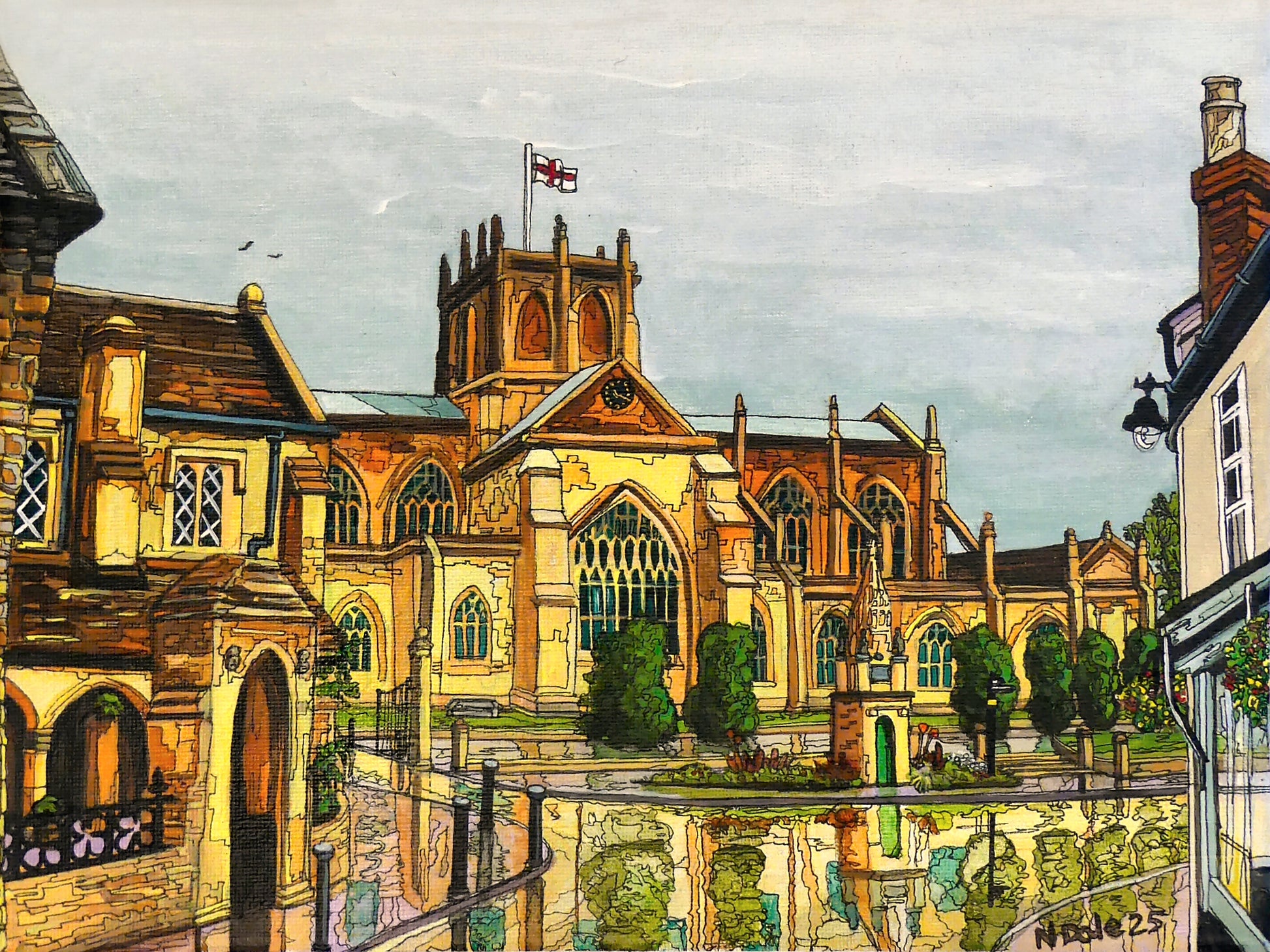 Image of the original painting 'Sherborne Abbey After The Shower' by Nick Dale. The painting depicts a view of Sherborne Abbey (also known as the Abbey Church of St. Mary the Virgin), in Sherborne, Dorset. On the left hand side can be seen St Johns' Almshouse.