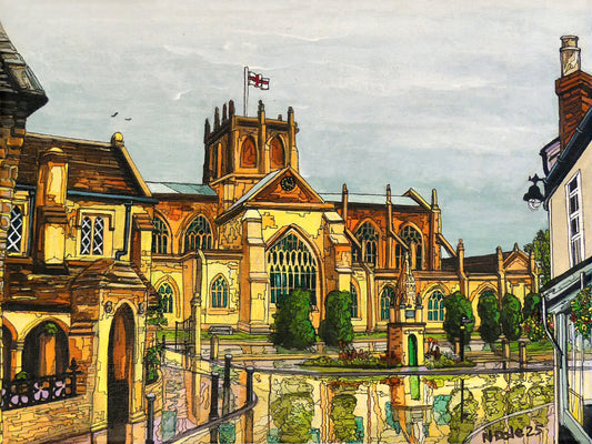 Image of the original painting 'Sherborne Abbey After The Shower' by Nick Dale. The painting depicts a view of Sherborne Abbey (also known as the Abbey Church of St. Mary the Virgin), in Sherborne, Dorset. On the left hand side can be seen St Johns' Almshouse.