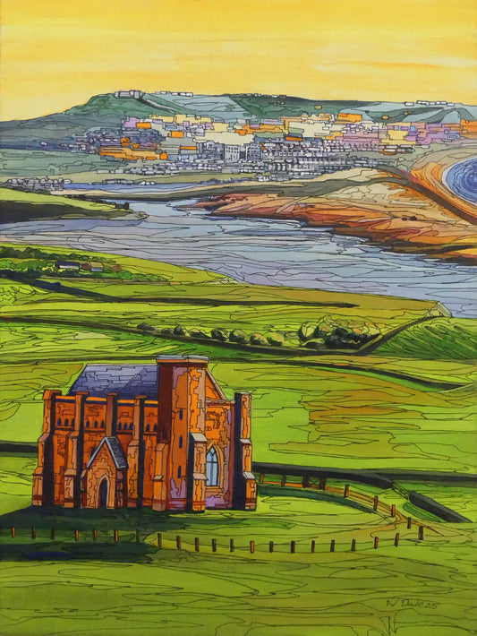Image of the original painting 'Abbotsbury To Portland' by Nick Dale. The painting depicts the view along the Dorset coast from St Catherine's Chapel above Abbotsbury, across The Fleet lagoon to Chesil Beach and ultimately to Portland beyond it.