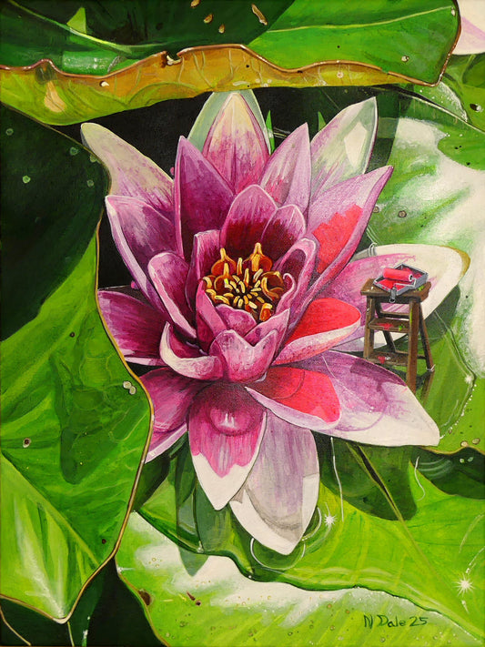 Image of the original painting 'Painting The Lily' by Nick Dale.  The scene depicts a close up view of a water lily as observed at Bennetts Water Gardens in Weymouth; albeit with the added extra of some painting equipment. The title is a reference to William Shakespeare's play 'King John'.