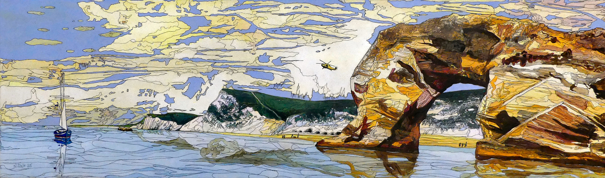 Image of the original painting 'Durdle Door Land, Sea & Air' by Nick Dale. The painting depicts a view along the Jurassic Coast looking to the west from the water with the famous Dorset limestone arch landmark in the foreground. Approaching the beach from above is a RAF rescue helicopter.