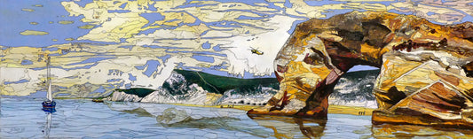 Image of the original painting 'Durdle Door Land, Sea & Air' by Nick Dale. The painting depicts a view along the Jurassic Coast looking to the west from the water with the famous Dorset limestone arch landmark in the foreground. Approaching the beach from above is a RAF rescue helicopter.