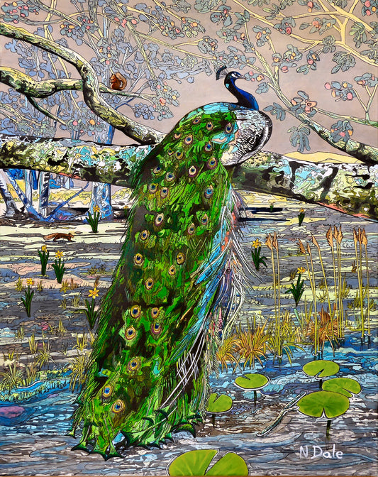 Image of the original painting 'Peacock On Brownsea Island' by Nick Dale. The painting depicts a close-up view of a peacock sitting on a tree branch on Brownsea Island in Poole Harbour, Dorset. Behind it can be seen red squirrels and also the daffodils that used to be cultivated on the island. 