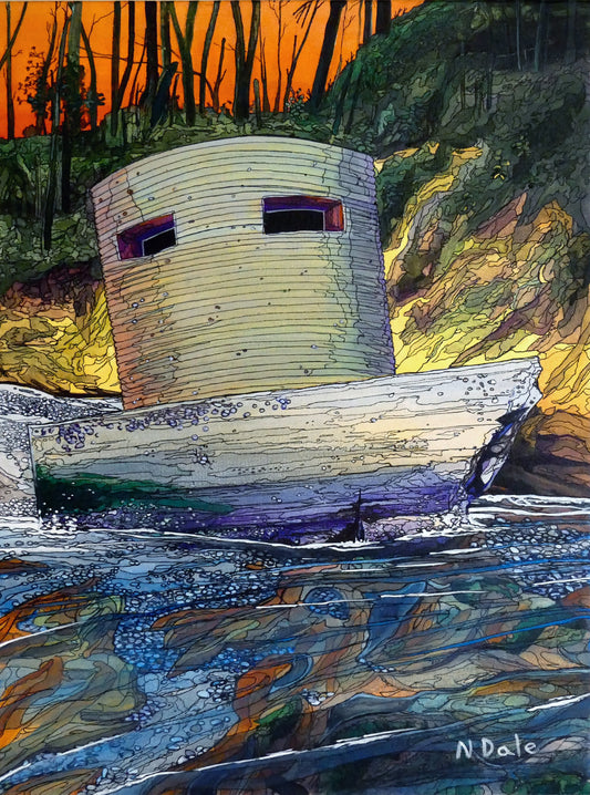 Image of the original painting 'Pillbox on Studland Beach' by Nick Dale. The painting depicts the type 25 'Armco' pillbox at Redend Point, Studland. The pillbox used to be situated on the cliff top before eroding onto the beach. The pillbox has the appearance of a disembodied android intelligence standing guard over the bay. 