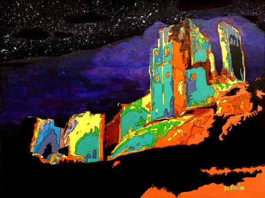 Image of the original painting 'Corfe Castle Illuminated' by Nick Dale. The painting depicts  a view of the ruins of Corfe Castle at night from within the outer bailey; with the south-west gatehouse on the left and the keep on top of the central hilltop on the right.