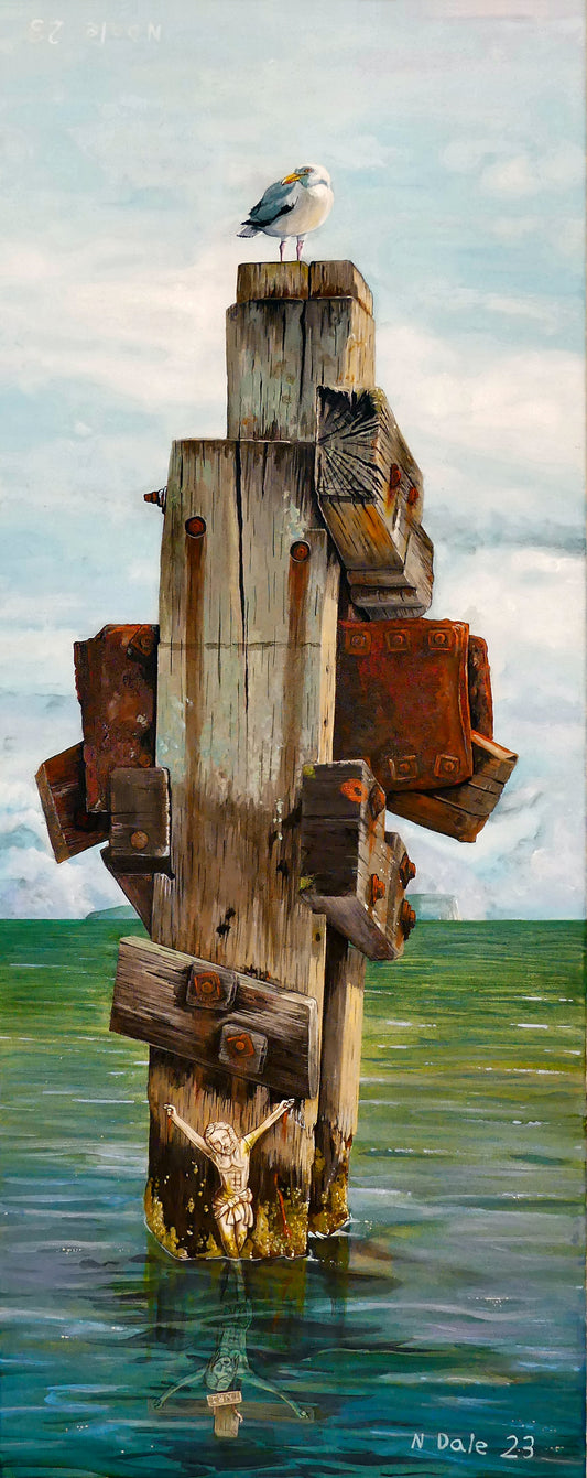 Image of the original painting 'Swanage Crucifix' by Nick Dale. The painting depicts part of the original pier at Swanage in Dorset. Behind it can be seen The Isle of Wight in the distance. The crucifix is an addition of my imagination and broadens the possibilities for the interpretation of the scene - Why is the world flooded? Is that all the land that remains? The complex construction of the wooden pile has echoes of the form of the cross and suggests it has been modified and added to over time.