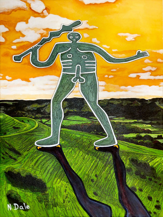 Image of the original painting 'Cerne Abbas Giant Pootling Along' by Nick Dale. The scene imagines the Cerne Abbas Giant chalk hill figure wandering across the Dorset landscape. The giant can be seen scaling Hod Hill in the Blackmore Vale.