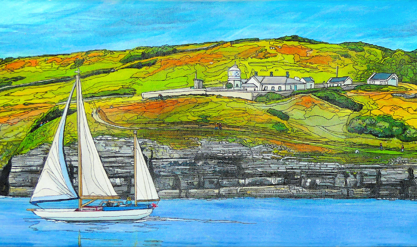 Image of a Medium Art Print featuring a copy of the painting 'Anvil Point Lighthouse' by Nick Dale. The print depicts the part of the original painting showing the Anvil Point Lighthouse at Durlston Country Park, Swanage. Based on the view from the paddle-steamer Waverley.